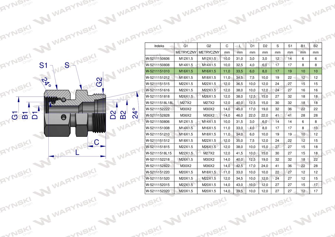 Złączka hydrauliczna metryczna AB (XKOR) A-M16x1.5 10L / B-M16x1.5 10L Waryński ( sprzedawane po 5 )