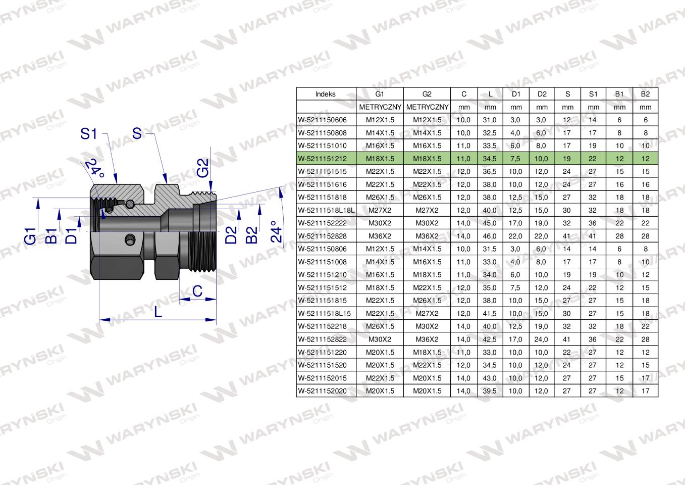 Złączka hydrauliczna metryczna AB (XKOR) A-M18x1.5 12L / B-M18x1.5 12L Waryński ( sprzedawane po 5 )