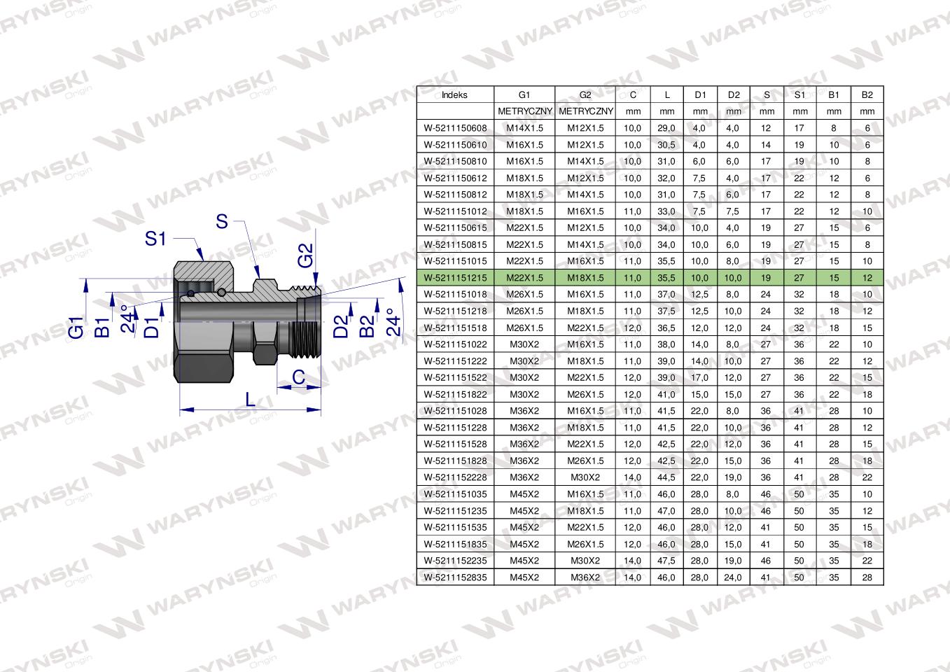 Złączka hydrauliczna metryczna AB (XKOR) A-M22x1.5 15L / B-M18x1.5 12L Waryński ( sprzedawane po 5 )