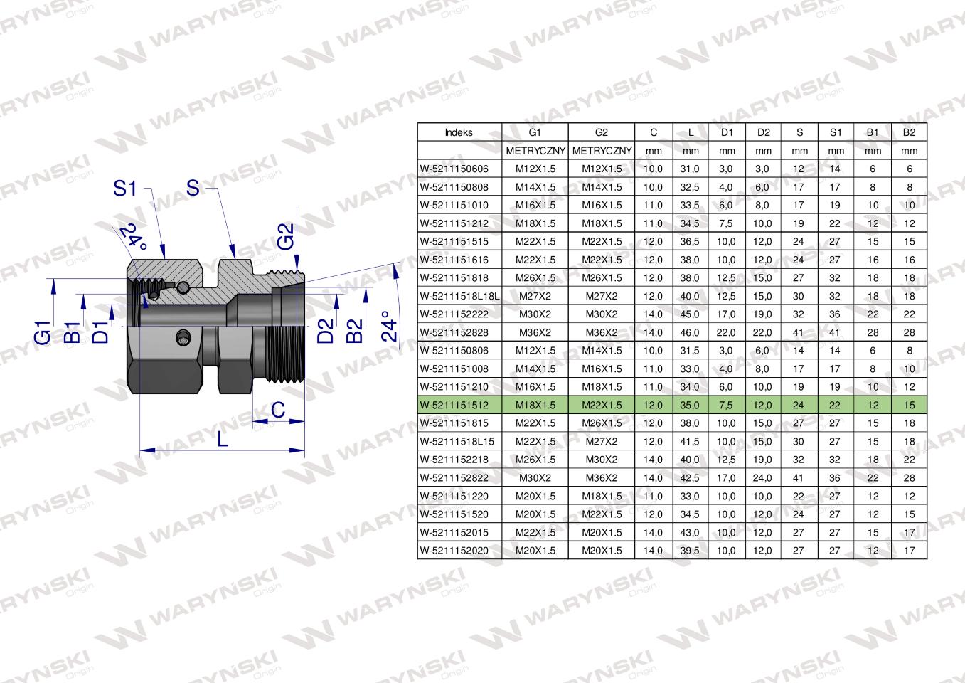 Złączka hydrauliczna metryczna AB (XKOR) A-M18x1.5 12L / B-M22x1.5 15L Waryński ( sprzedawane po 5 )