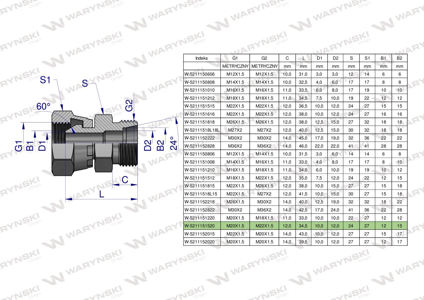 Złączka hydrauliczna metryczna AB (XKOR) A-M20x1.5 (60 stopni) / B-M22x1.5 15L Waryński ( sprzedawane po 2 )