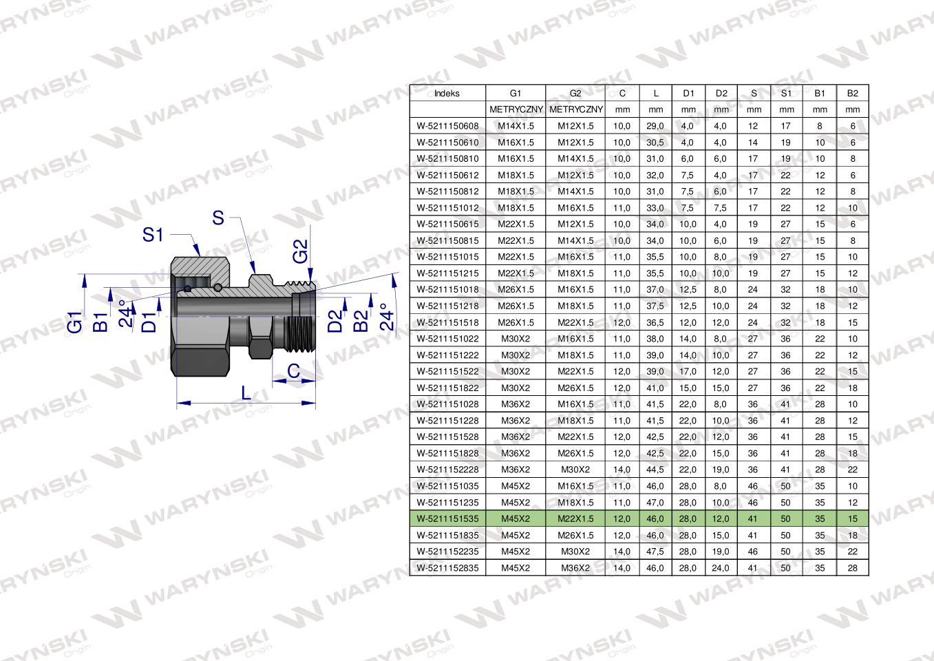 Złączka hydrauliczna metryczna AB (XKOR) A-M45x2 35L / B-M22x1.5 15L Waryński