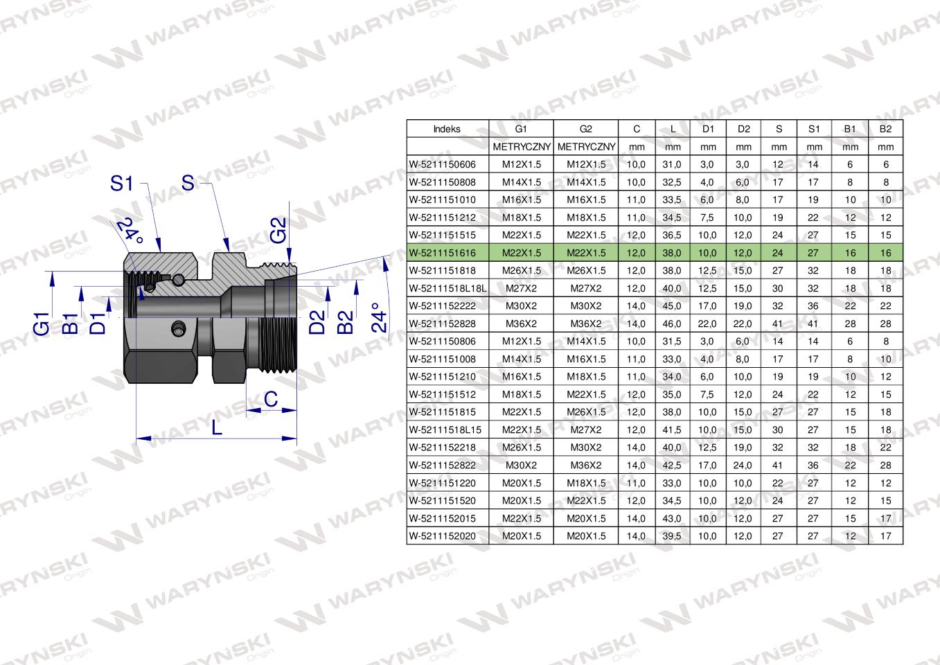 Złączka hydrauliczna metryczna AB (XKOR) A-M22x1.5 16L / B-M22x1.5 16L Waryński ( sprzedawane po 5 )