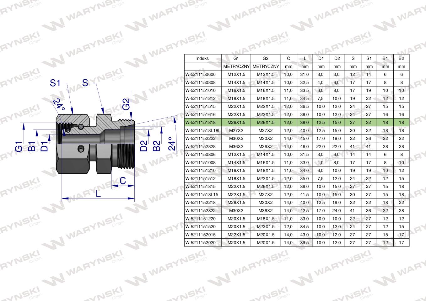 Złączka hydrauliczna metryczna AB (XKOR) A-M26x1.5 18L / B-M26x1.5 18L Waryński ( sprzedawane po 2 )