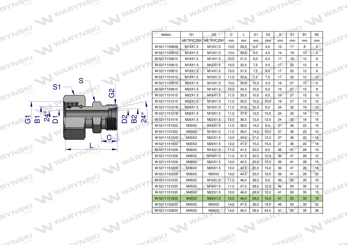 Złączka hydrauliczna metryczna AB (XKOR) A-M45x2 35L / B-M26x1.5 18L Waryński