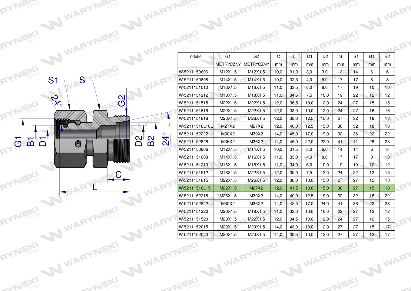 Złączka hydrauliczna metryczna AB (XKOR) A-M22x1.5 15L / B-M27x2 18L Waryński ( sprzedawane po 2 )