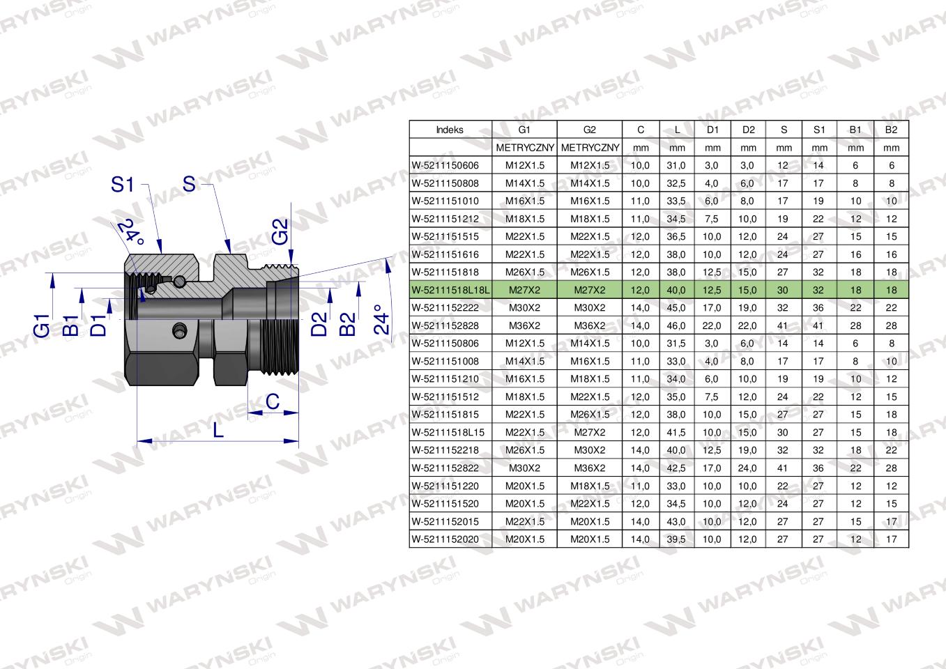 Złączka hydrauliczna metryczna AB (XKOR) A-M27x2 18L / B-M27x2 18L Waryński ( sprzedawane po 2 )