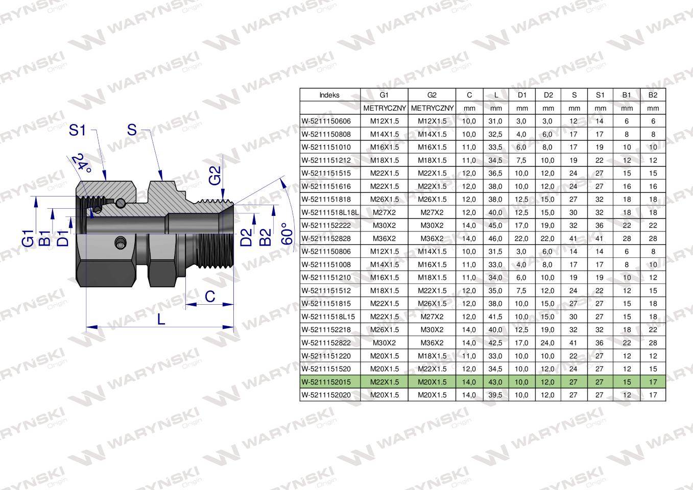 Złączka hydrauliczna metryczna AB (XKOR) A-M22x1.5 15L / B-M20x1.5 (60 stopni) Waryński ( sprzedawane po 2 )