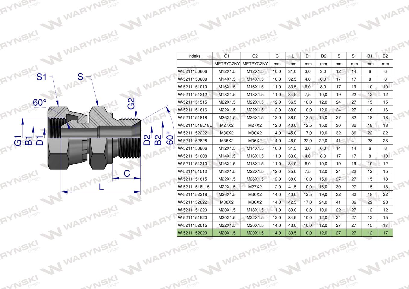 Złączka hydrauliczna metryczna AB (XKOR) A-M20x1.5 (60 stopni) / B-M20x1.5 (60 stopni) Waryński ( sprzedawane po 2 )