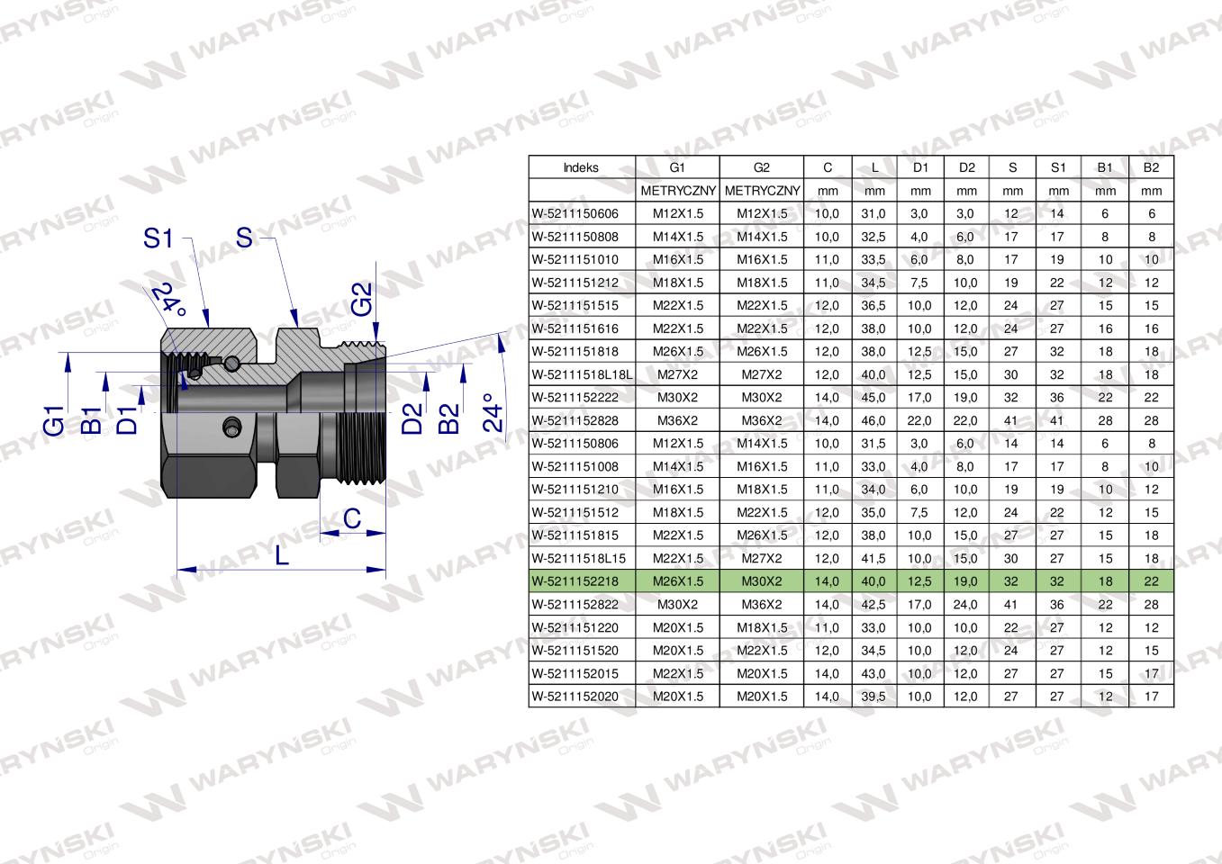 Złączka hydrauliczna metryczna AB (XKOR) A-M26x1.5 18L / B-M30x2 22L Waryński
