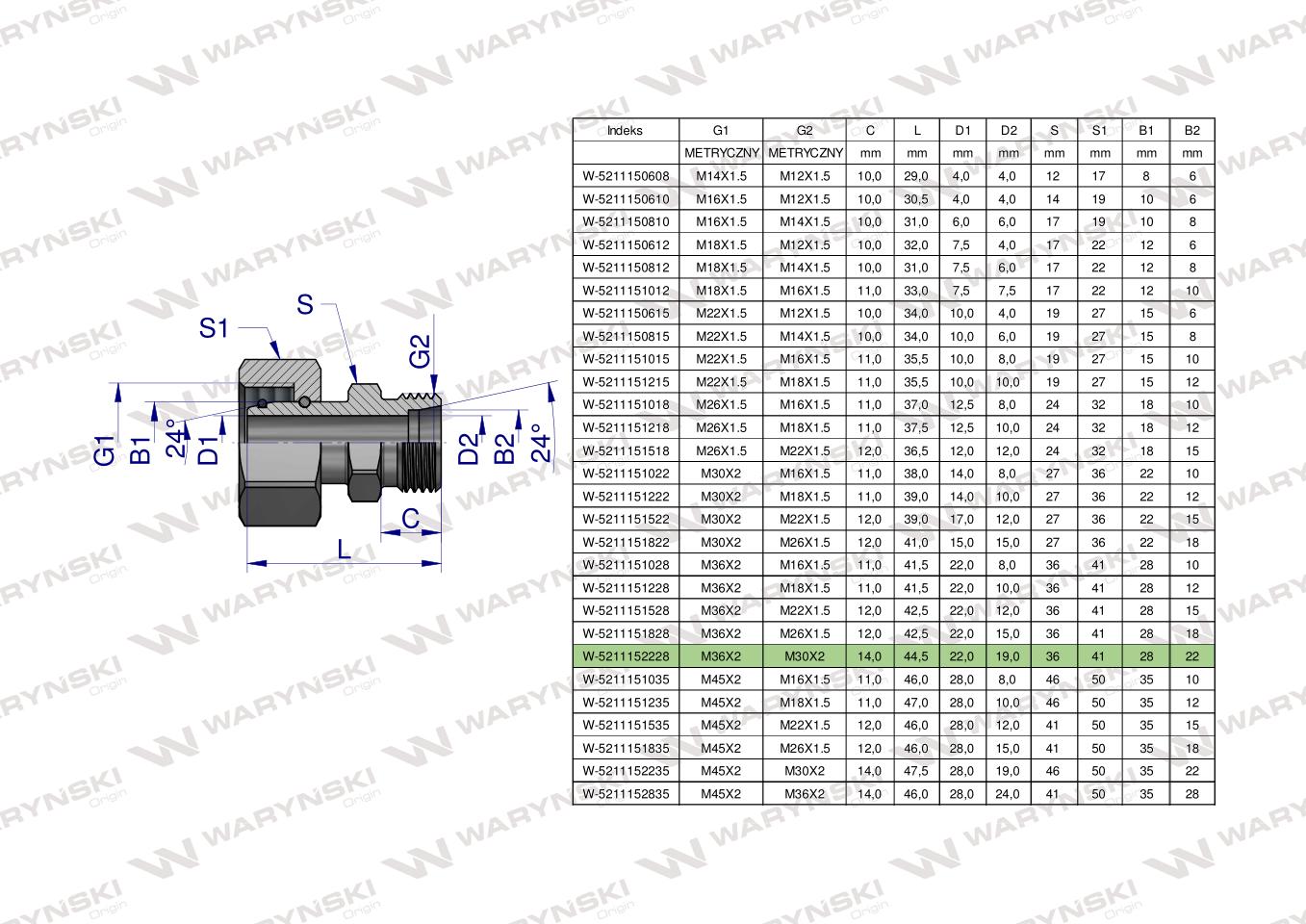 Złączka hydrauliczna metryczna AB (XKOR) A-M36x2 28L / B-M30x2 22L Waryński