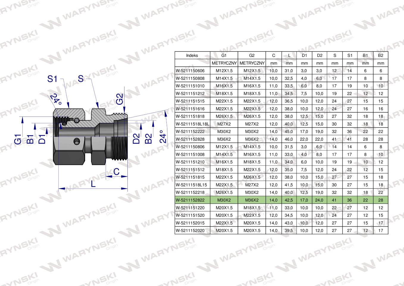 Złączka hydrauliczna metryczna AB (XKOR) A-M30x2 22L  / B-M36x2 28L Waryński