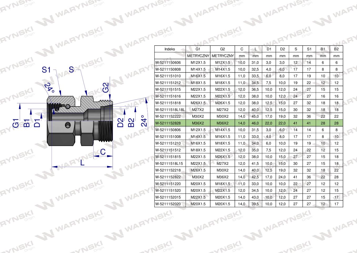 Złączka hydrauliczna metryczna AB (XKOR) A-M36x2 28L / B-M36x2 28L Waryński