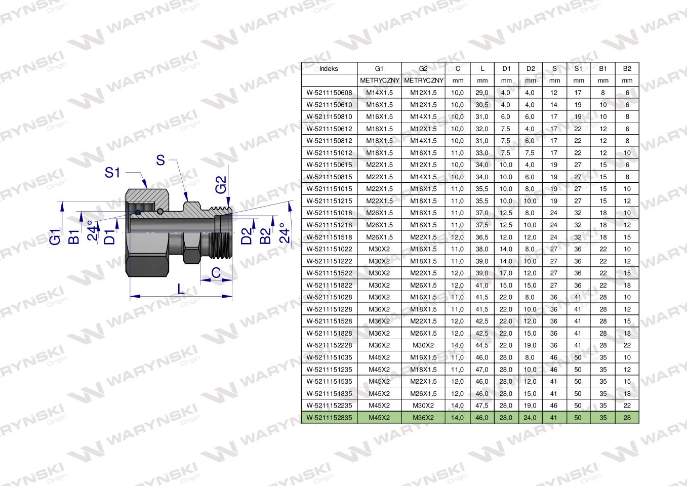 Złączka hydrauliczna metryczna AB (XKOR) A-M45x2 35L / B-M36x2 22L Waryński
