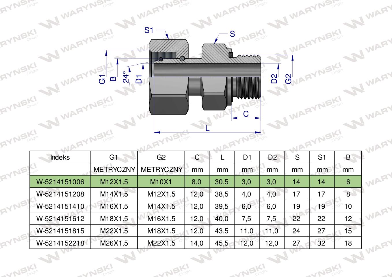 Przyłączka hydrauliczna metryczna AB (EVGE) M12x1.5 06L x M10x1 ED Waryński ( sprzedawane po 2 )