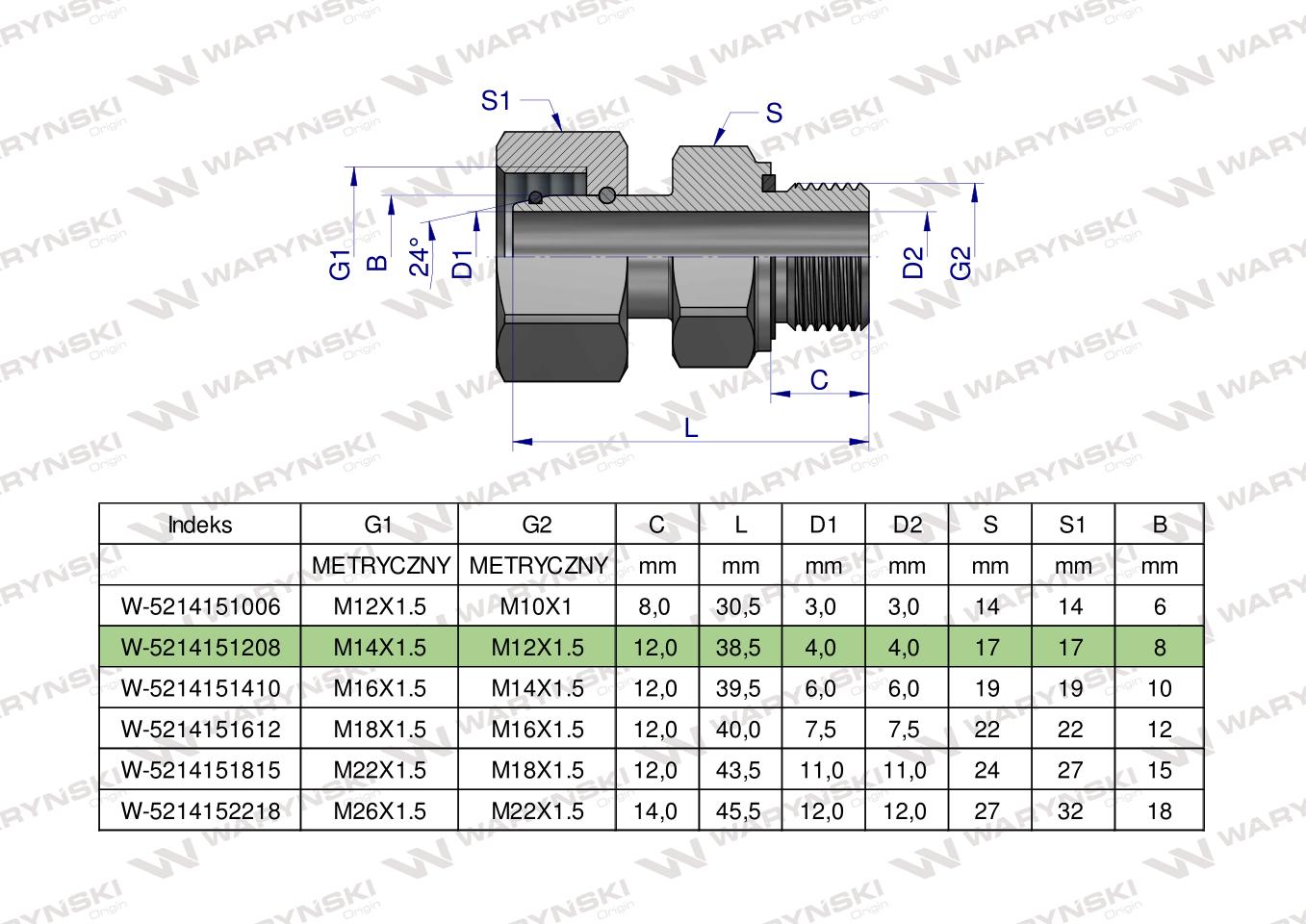 Przyłączka hydrauliczna metryczna AB (EVGE) M14x1.5 08L x M12x1.5 ED Waryński ( sprzedawane po 2 )