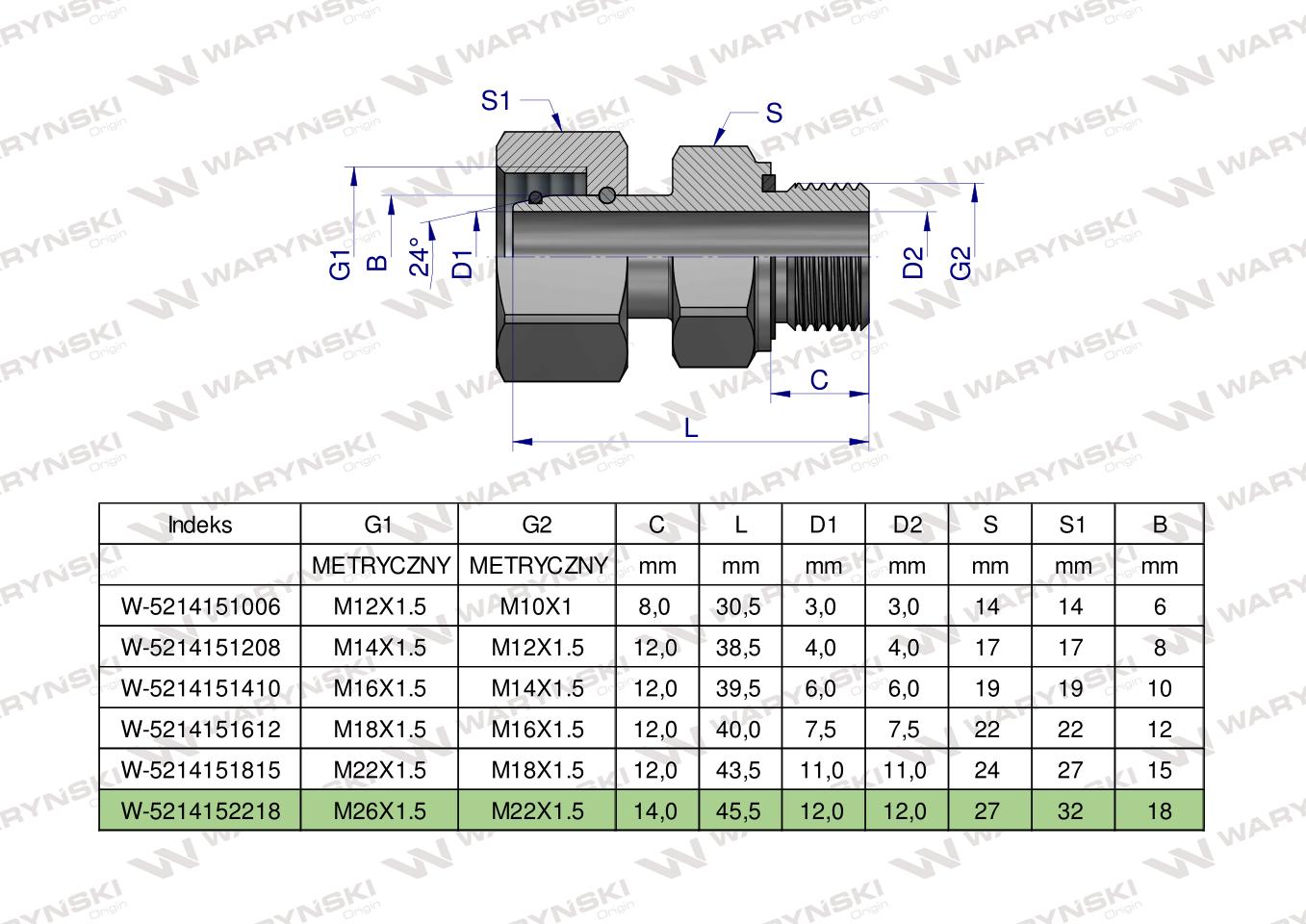 Przyłączka hydrauliczna metryczna AB (EVGE) M26x1.5 18L x M22x1.5 ED Waryński ( sprzedawane po 2 )