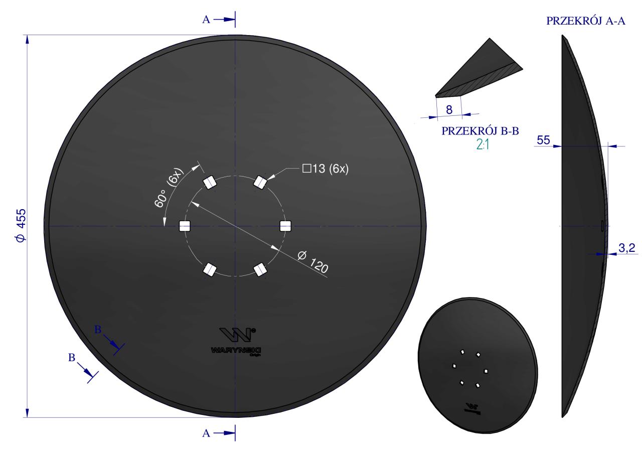 Talerz gładki fi 460 mocowanie 6/120 grubość 3.2 stal borowa WARYŃSKI R