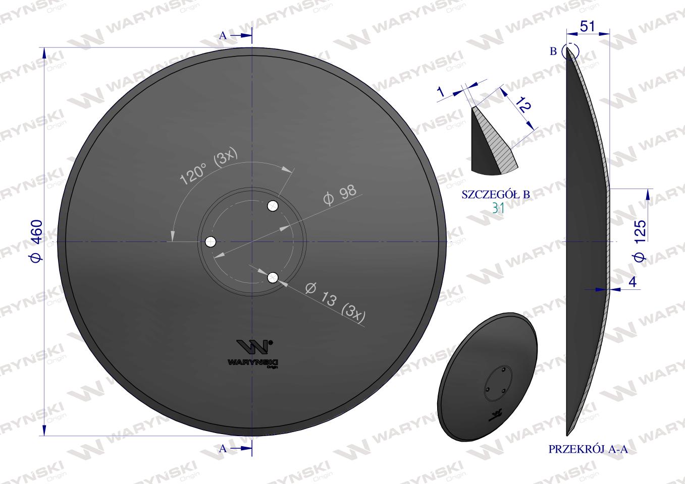 Talerz gładki fi 460mm, mocowanie 3 / 98mm grubość 4mm, zastosowanie Horsch 24251103, Waryński