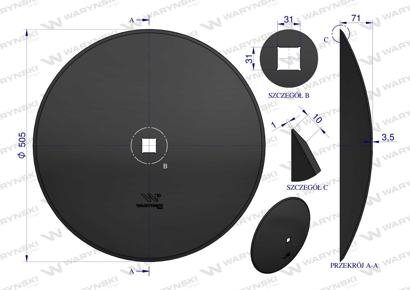Talerz gładki fi 510 otwór 30x30 stal borowa WARYŃSKI R 1279621010 1240040020