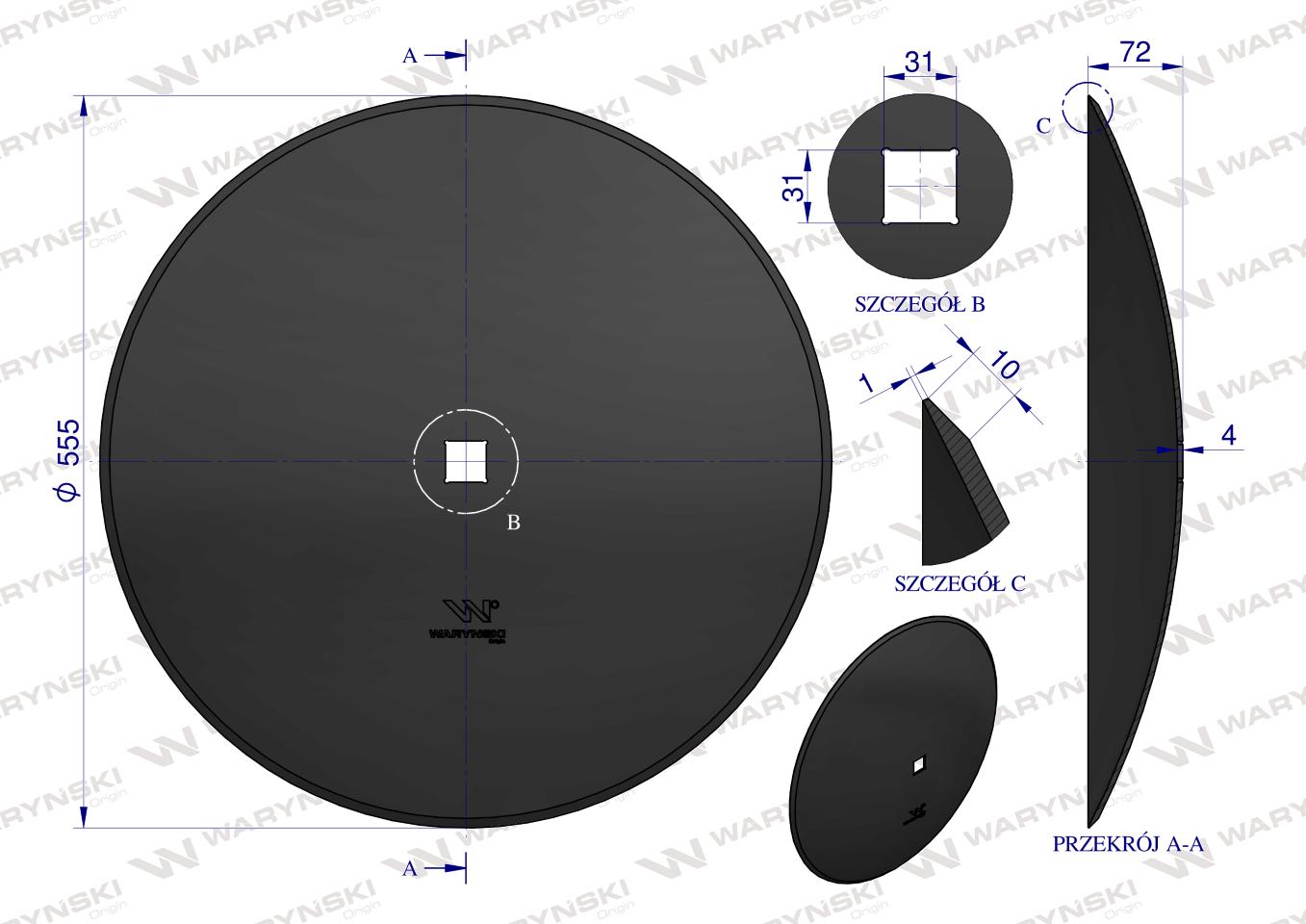 Talerz gładki fi 560 otwór 30x30 stal borowa WARYŃSKI R 1202030120