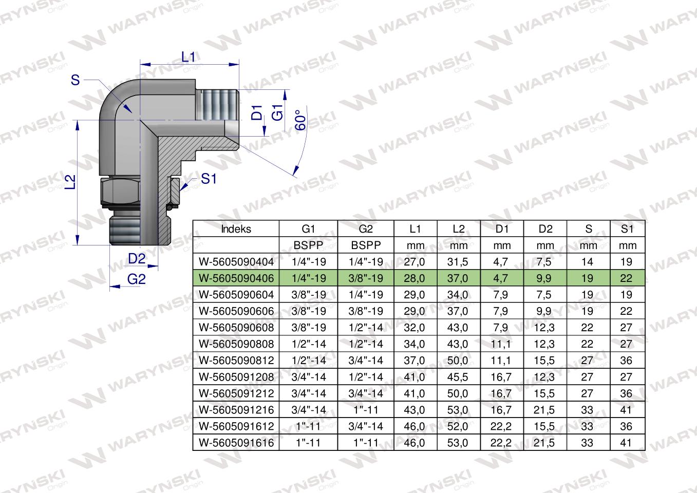 Kolanko hydrauliczne nastawne calowe BB 1/4" x 3/8" BSP z regulacją Waryński