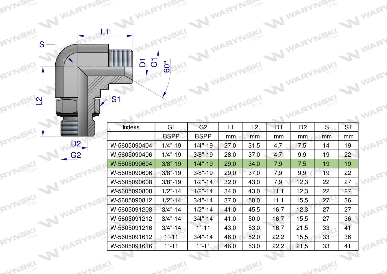 Kolanko hydrauliczne nastawne calowe BB 3/8" x 1/4" BSP z regulacją Waryński