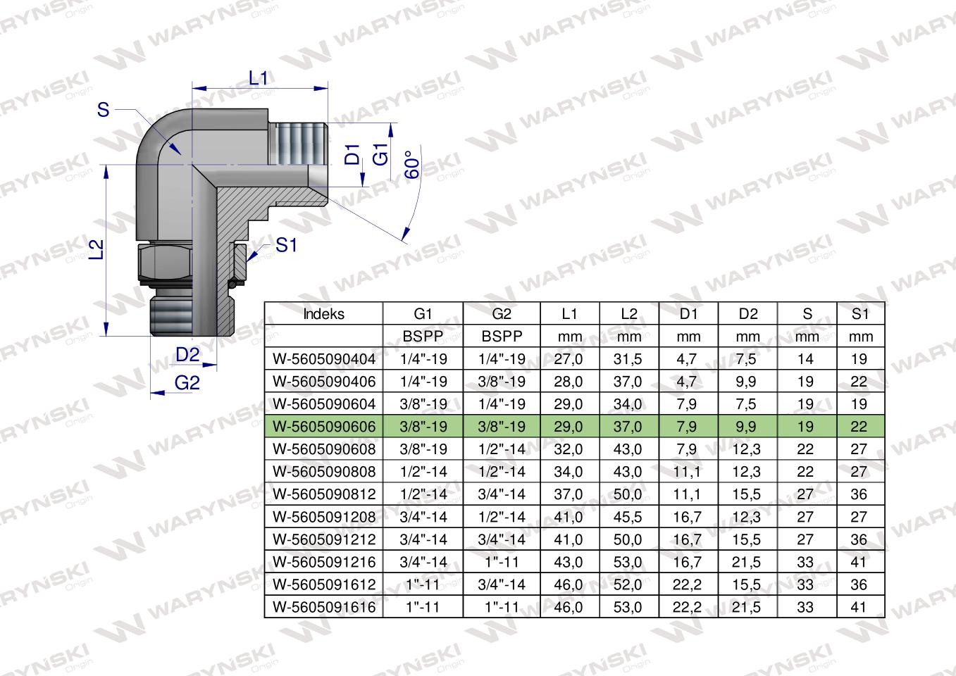 Kolanko hydrauliczne nastawne calowe BB 3/8" x 3/8" BSP z regulacją Waryński