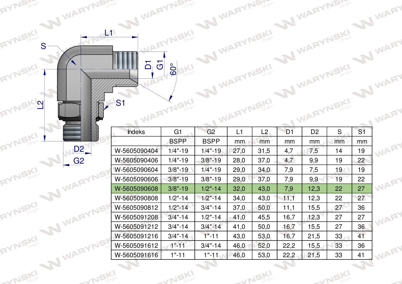 Kolanko hydrauliczne nastawne calowe BB 3/8" x 1/2" BSP z regulacją Waryński