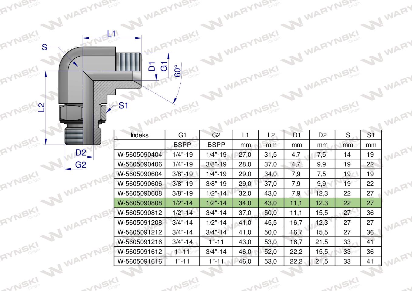 Kolanko hydrauliczne nastawne calowe BB 1/2" x 1/2" BSP z regulacją Waryński