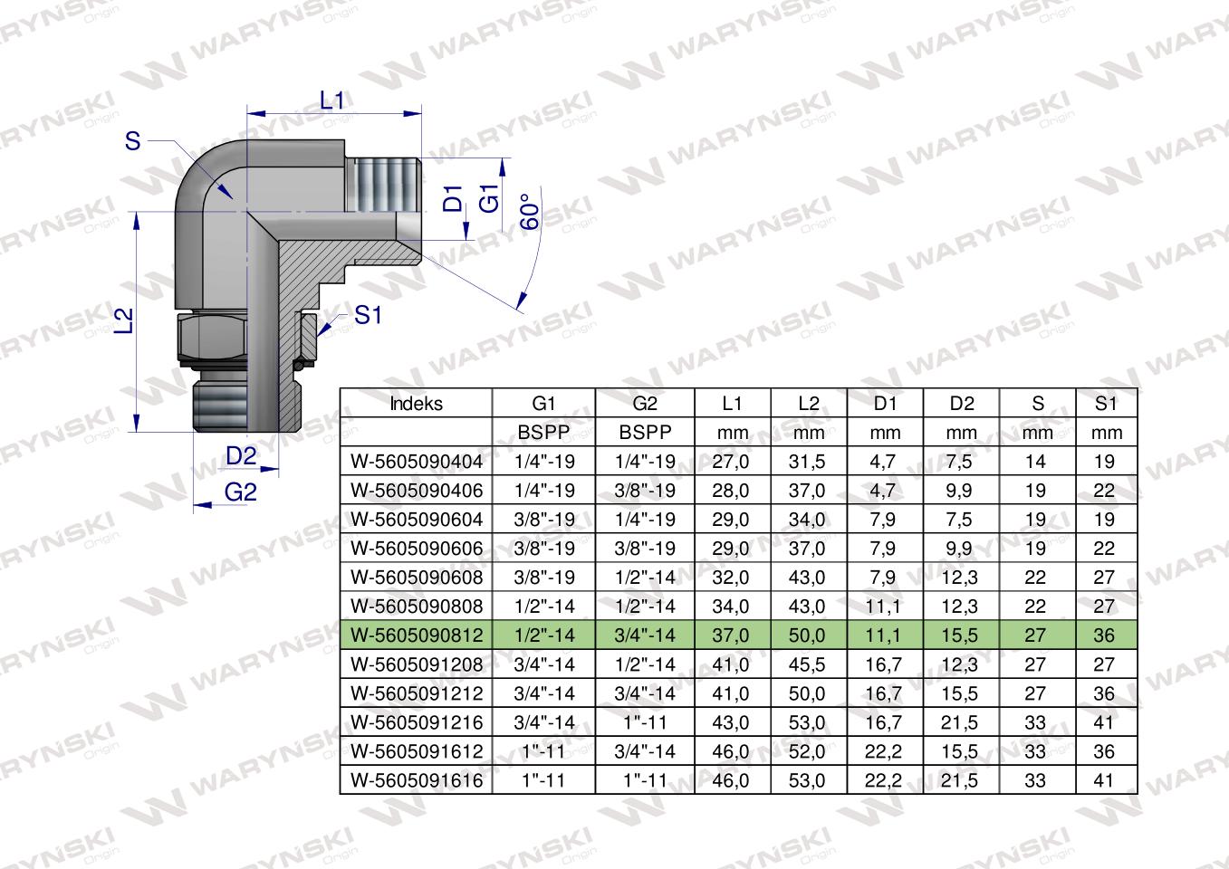 Kolanko hydrauliczne nastawne calowe BB 1/2" x 3/4" BSP z regulacją Waryński