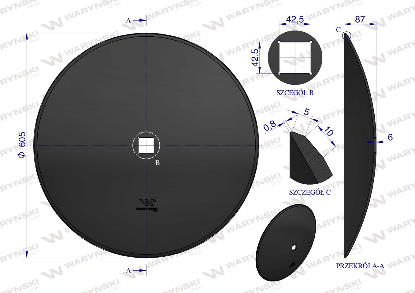 Talerz gładki fi 610 otwór 40x40 stal borowa WARYŃSKI R