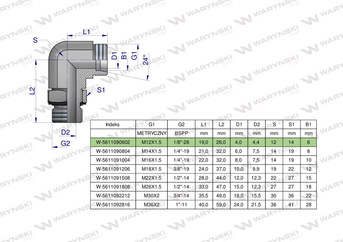 Kolanko hydrauliczne nastawne BB M12x1.5 06L x 1/8" BSP z regulacją Waryński
