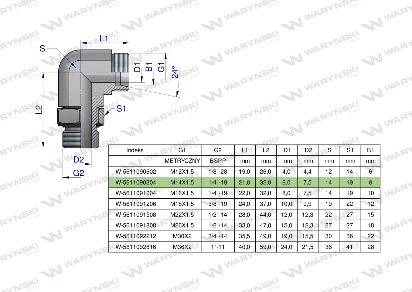 Kolanko hydrauliczne nastawne BB M14x1.5 08L x 1/4"BSP z regulacją Waryński