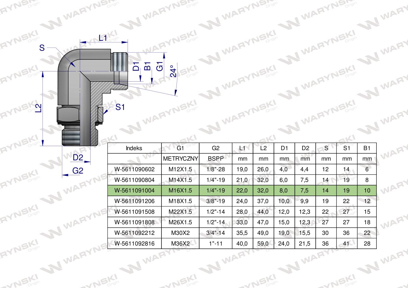 Kolanko hydrauliczne nastawne BB M16x1.5 10L x 1/4"BSP z regulacją Waryński ( sprzedawane po 2 )