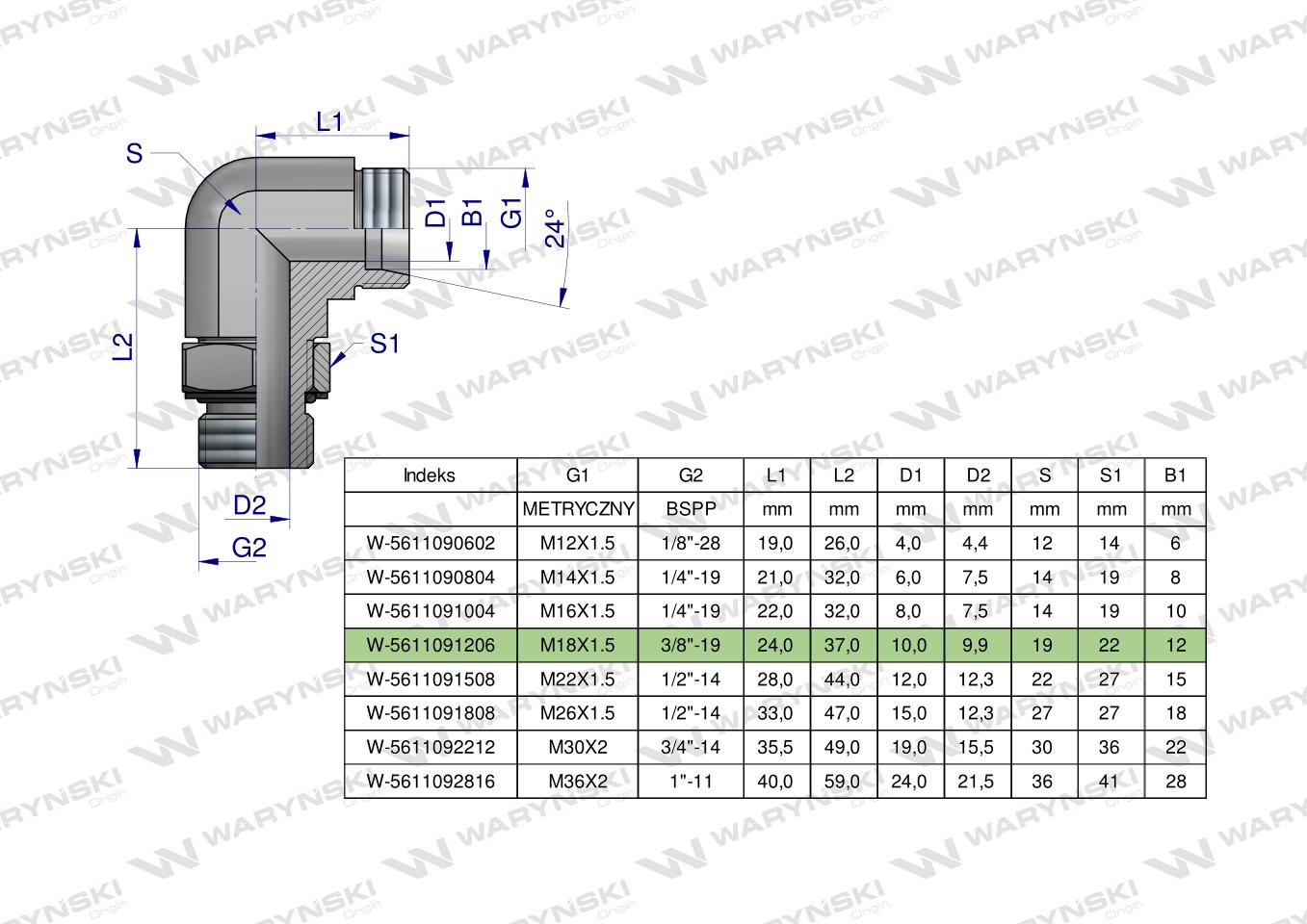 Kolanko hydrauliczne nastawne BB M18x1.5 12L x 3/8"BSP z regulacją Waryński ( sprzedawane po 2 )