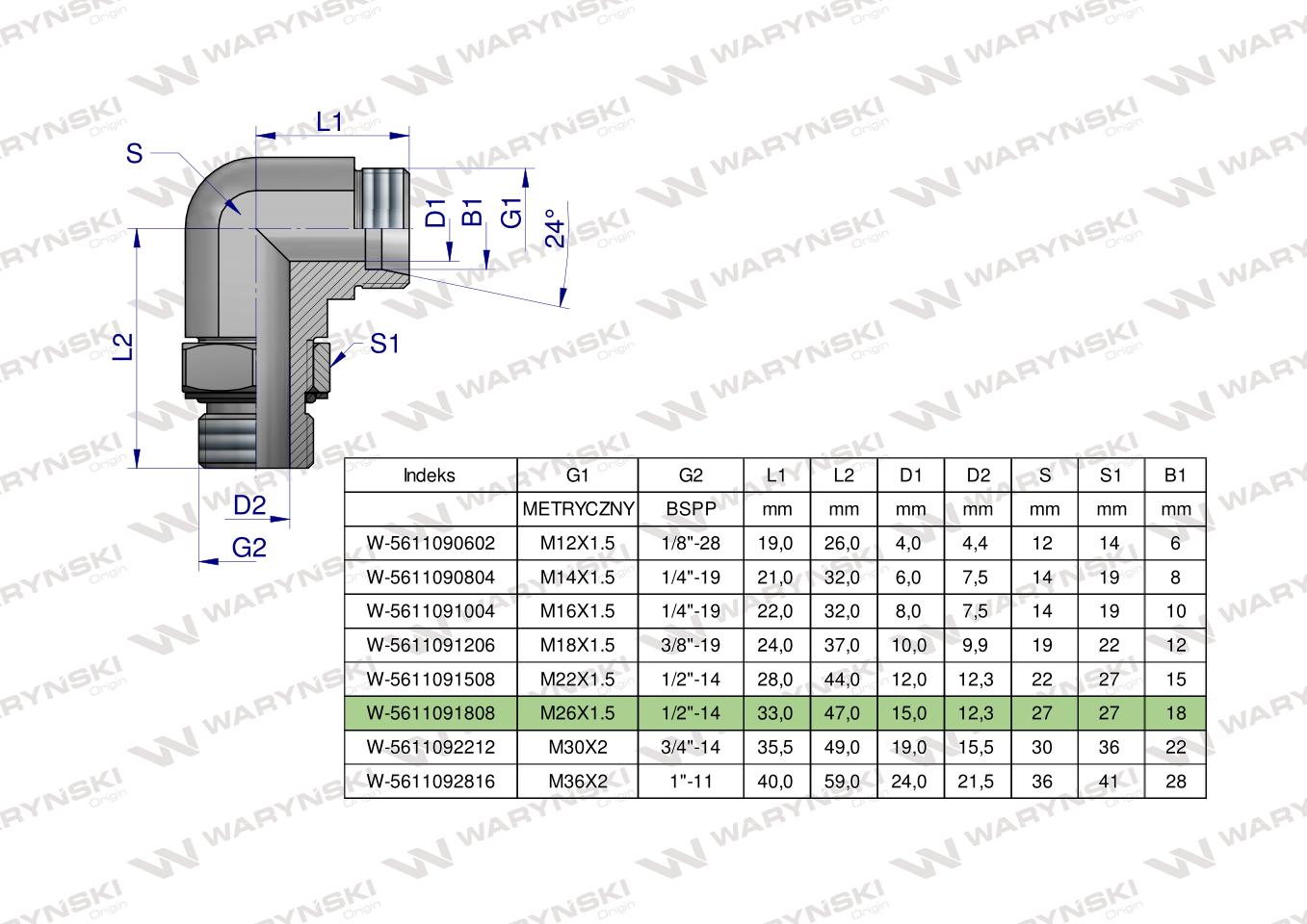 Kolanko hydrauliczne nastawne BB M26x1.5 18L x 1/2"BSP z regulacją Waryński