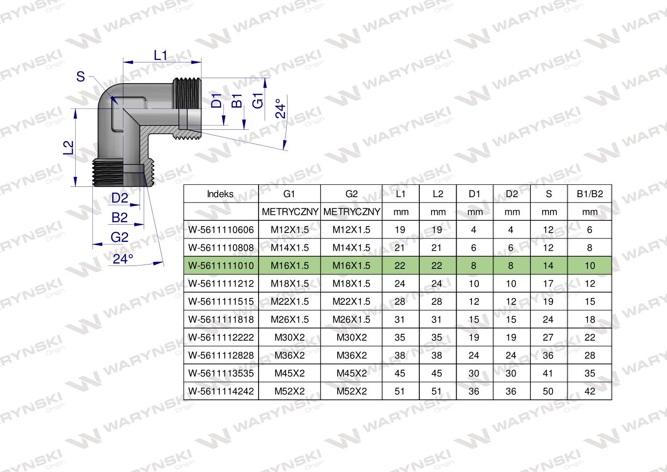 Kolanko hydrauliczne metryczne BB M16x1.5 10L (XW) Waryński ( sprzedawane po 5 )
