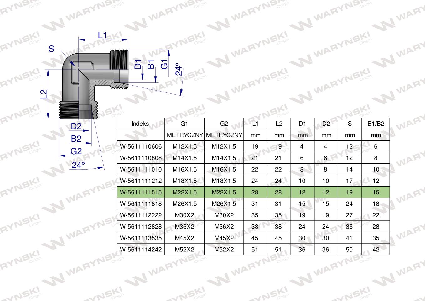 Kolanko hydrauliczne metryczne BB M22x1.5 15L (XW) Waryński ( sprzedawane po 5 )