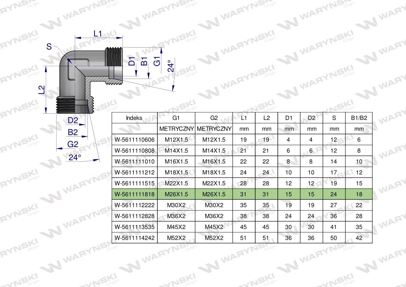 Kolanko hydrauliczne metryczne BB M26x1.5 18L (XW) Waryński