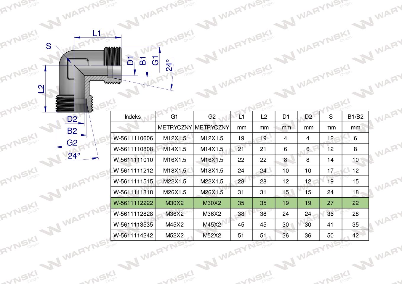 Kolanko hydrauliczne metryczne BB M30x2 22L (XW) Waryński