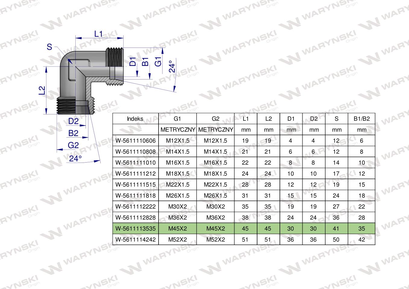 Kolanko hydrauliczne metryczne BB M45x2 35L (XW) Waryński