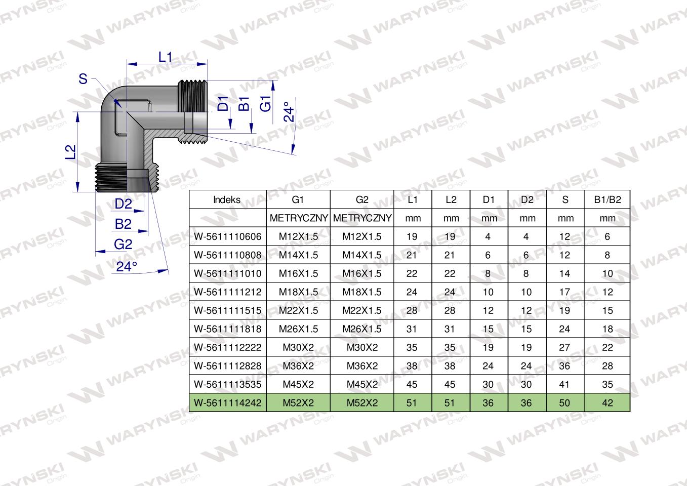 Kolanko hydrauliczne metryczne BB M52x2 42L (XW) Waryński