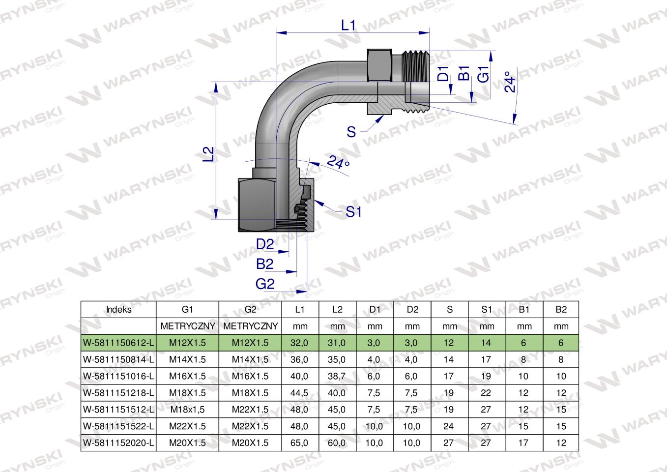 Kolanko hydrauliczne metryczne łukowe AB M12x1.5 06L (XEVW) Waryński ( sprzedawane po 2 )