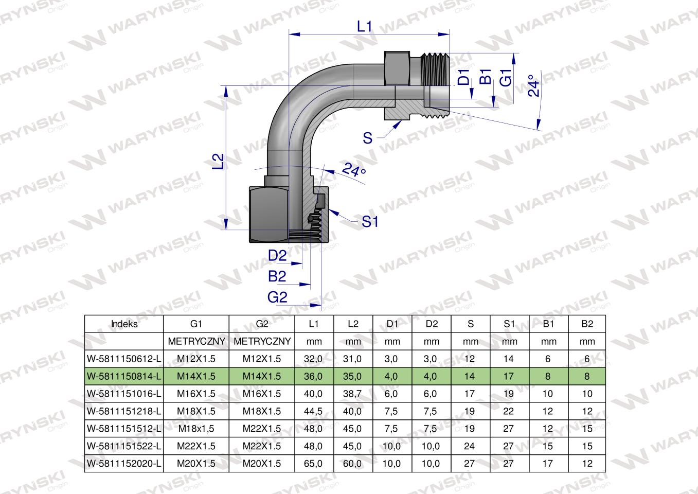 Kolanko hydrauliczne metryczne łukowe AB M14x1.5 08L (XEVW) Waryński ( sprzedawane po 2 )