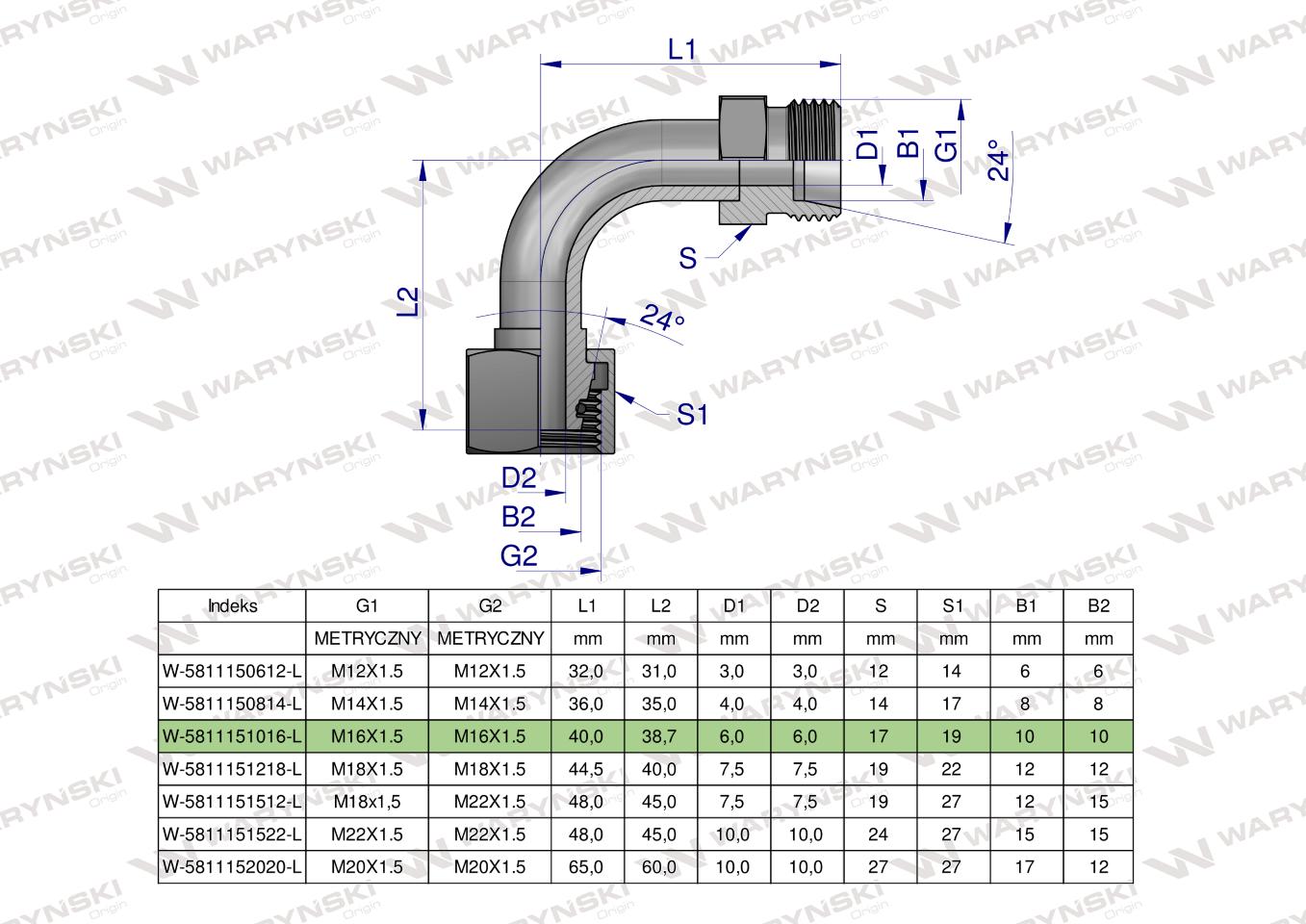 Kolanko hydrauliczne metryczne łukowe AB M16x1.5 10L (XEVW) Waryński ( sprzedawane po 5 )