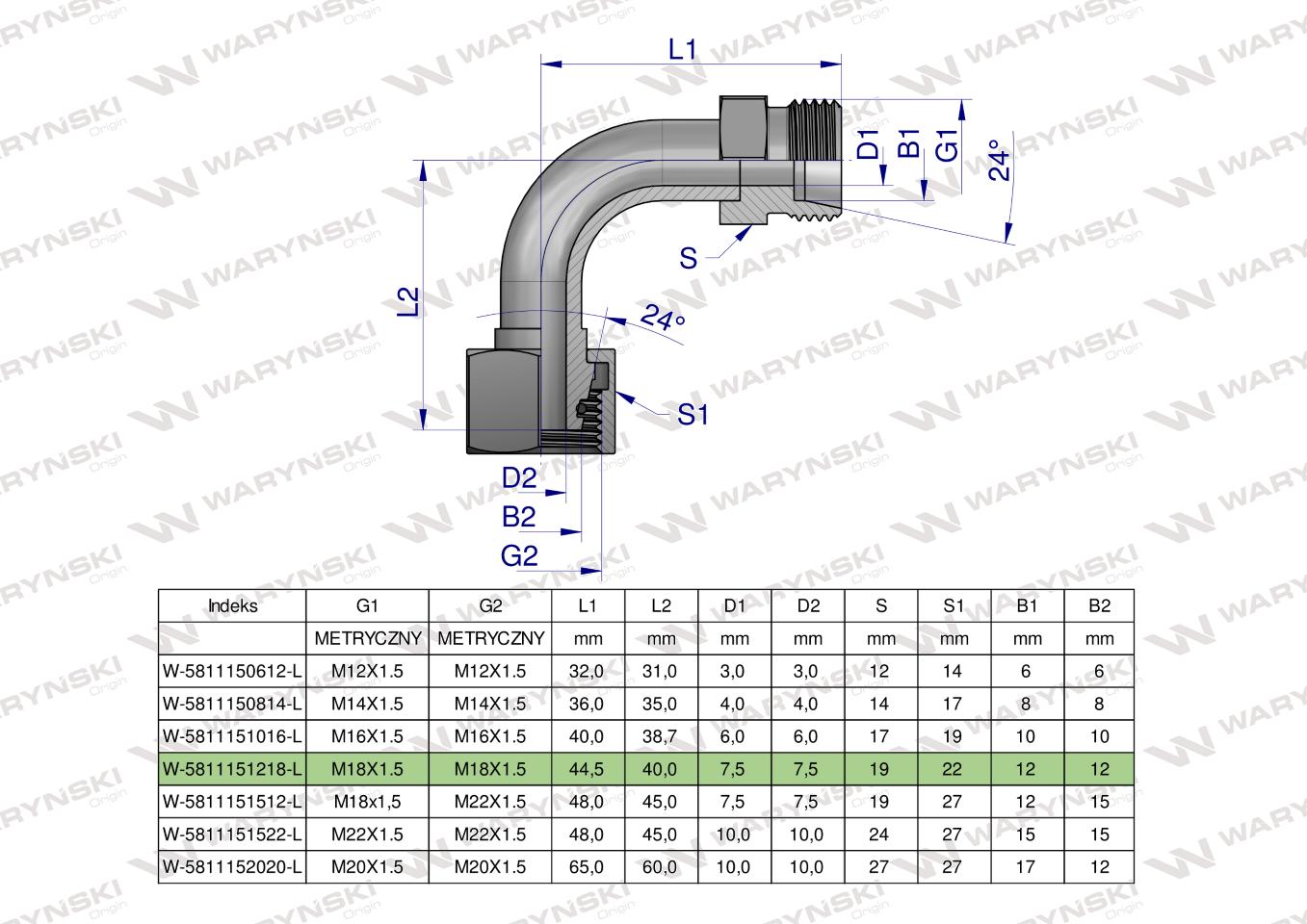 Kolanko hydrauliczne metryczne łukowe AB M18x1.5 12L (XEVW) Waryński ( sprzedawane po 10 )