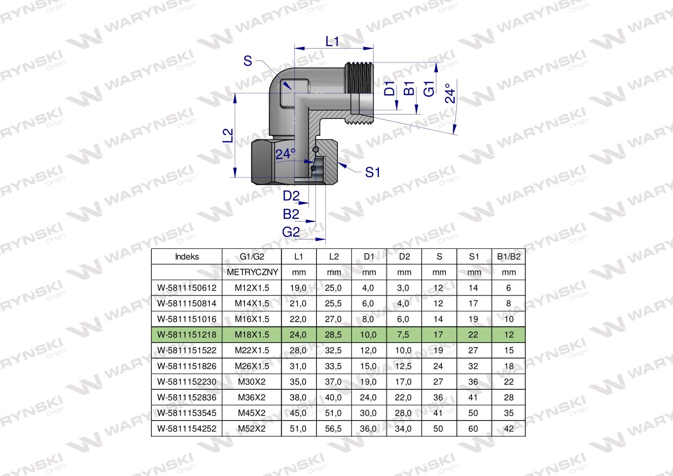 Kolanko hydrauliczne metryczne AB M18x1.5 12L (XEVW) Waryński ( sprzedawane po 5 )
