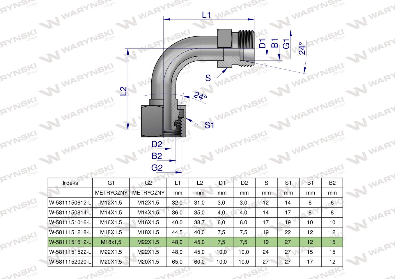 Kolanko hydrauliczne metryczne redukcyjne łukowe AB (XEVW) A-M22x1.5 15L / B-M18x1.5 12L Waryński ( sprzedawane po 10 )
