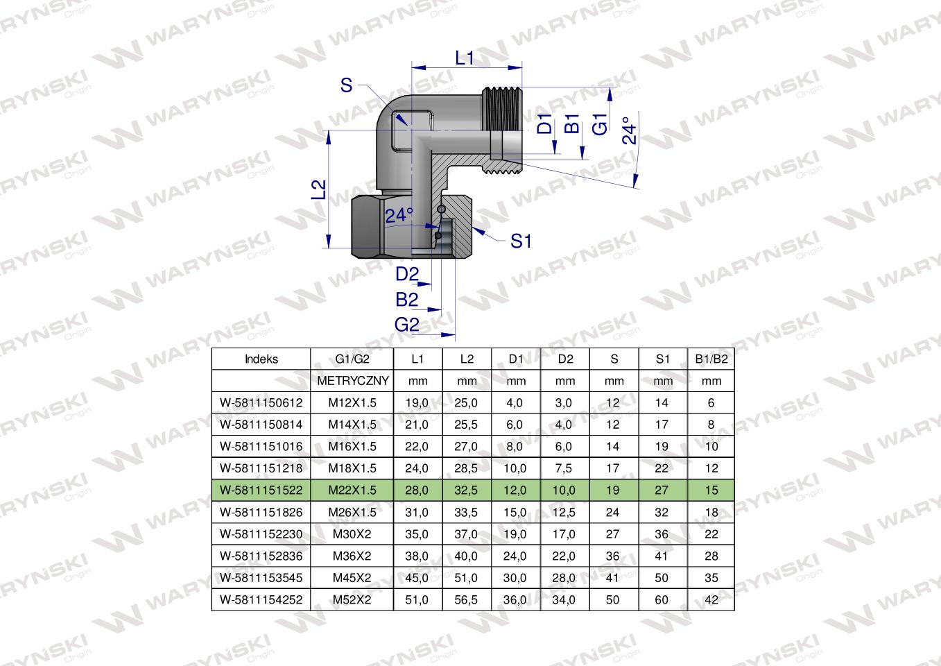 Kolanko hydrauliczne metryczne AB M22x1.5 15L (XEVW) Waryński ( sprzedawane po 50 )